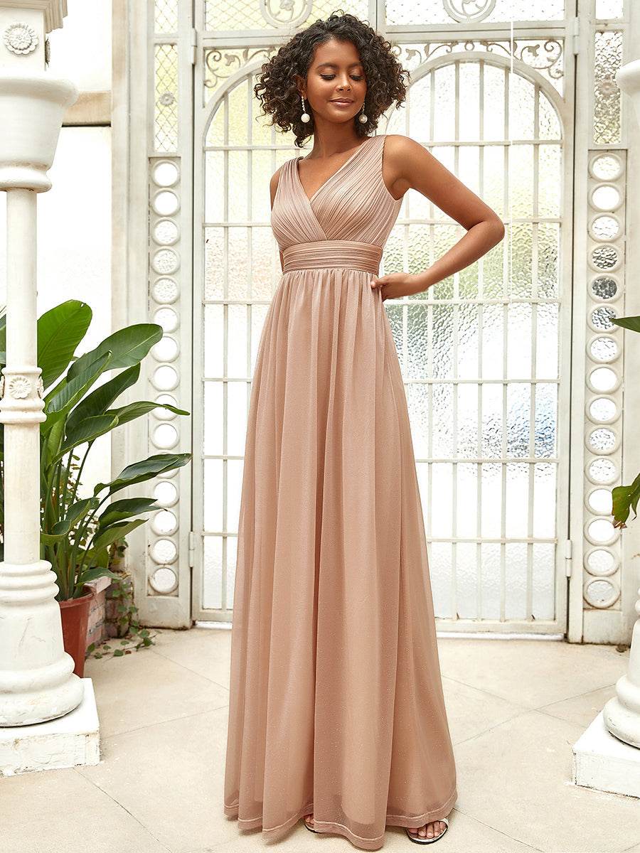 Sparkly Floor Length Double V Neck Evening Dress for Parties & Special Occasions - Biamonde